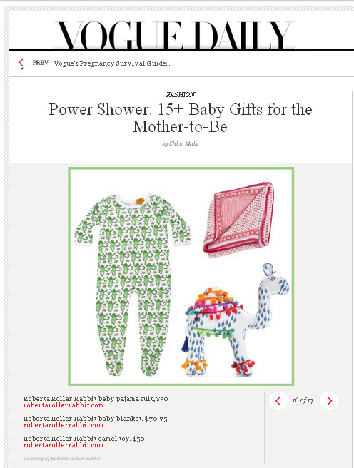 Vouge Daily Power Shower feature lists our Baby PJ Suit, Baby Blanket and Shambali Trust toy as the gift for the power mother-to-be